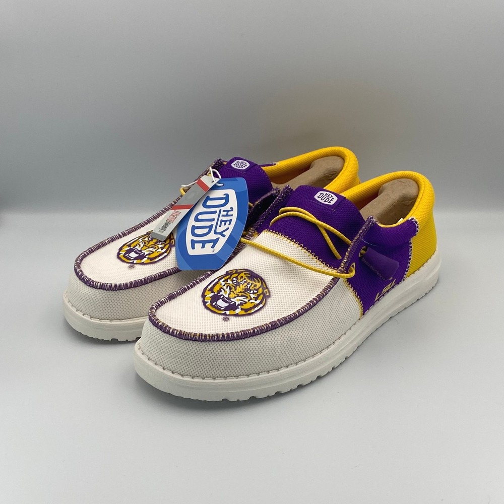 HEY DUDE LSU Tigers Wally Tri Slip On Shoes Purple Gold NCAA Men's Size 11 NWT